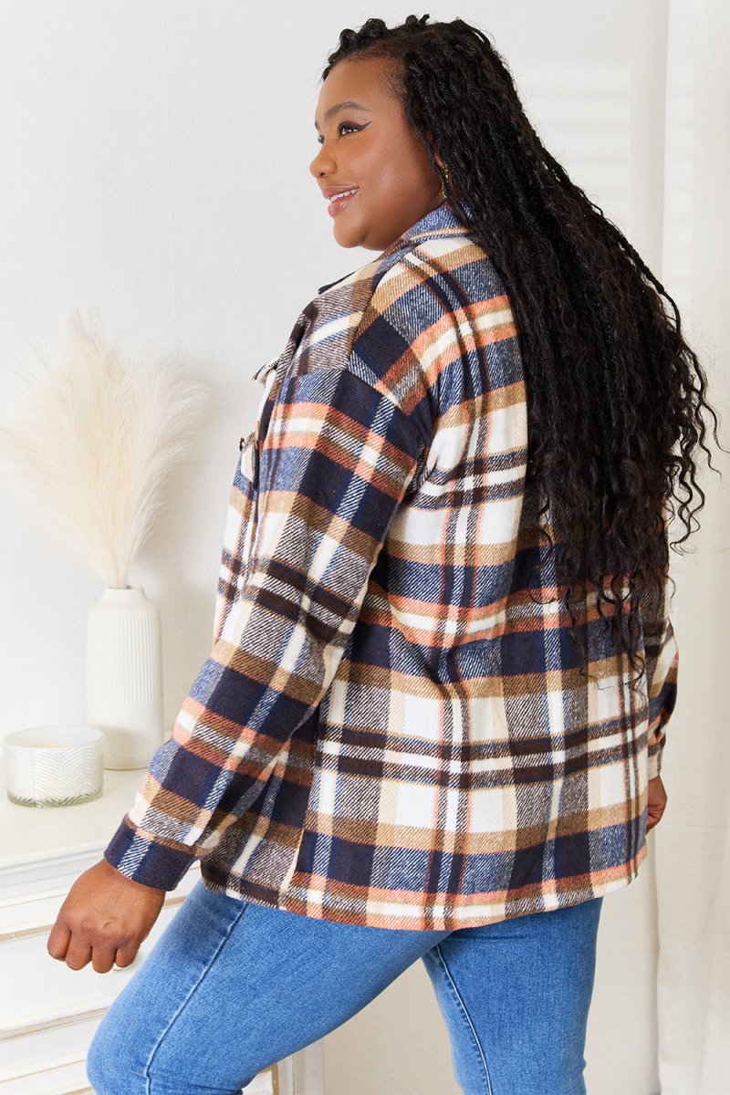 Double Take Plaid Button Front Shirt Jacket with Breast Pockets - Outerwear