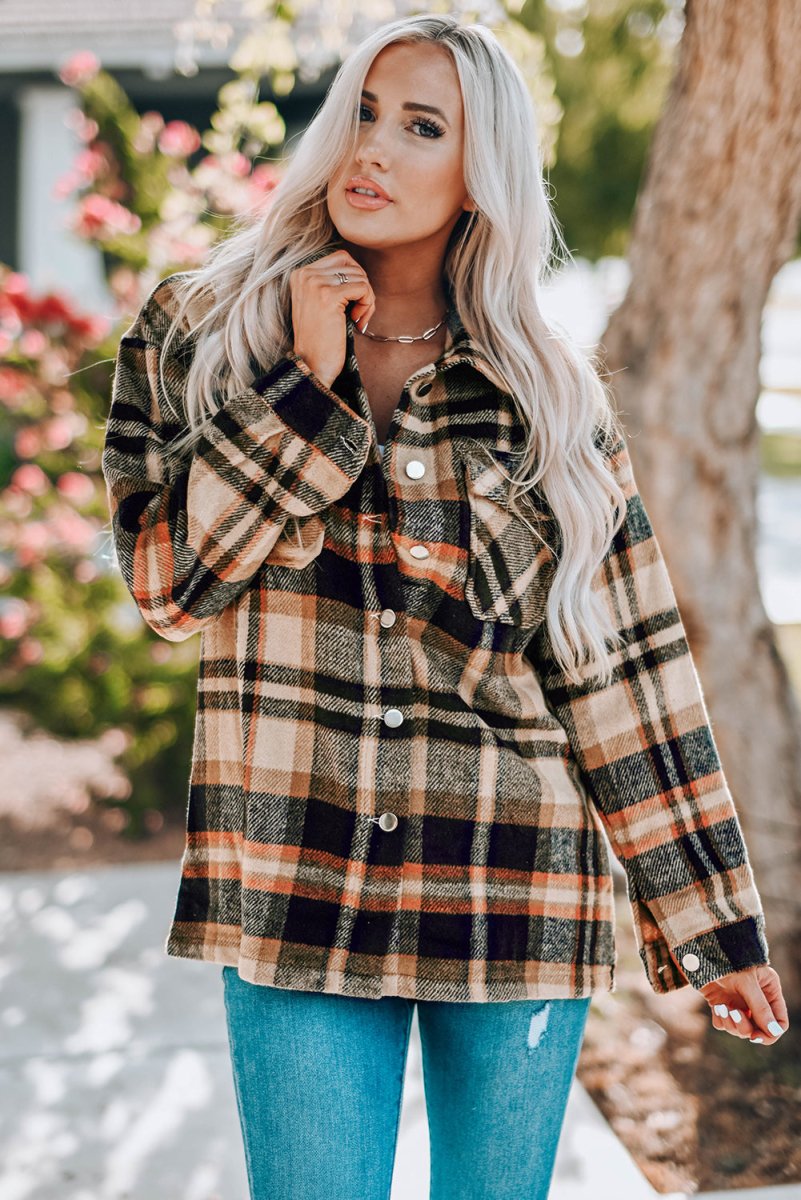 Double Take Plaid Button Front Shirt Jacket with Breast Pockets - Outerwear