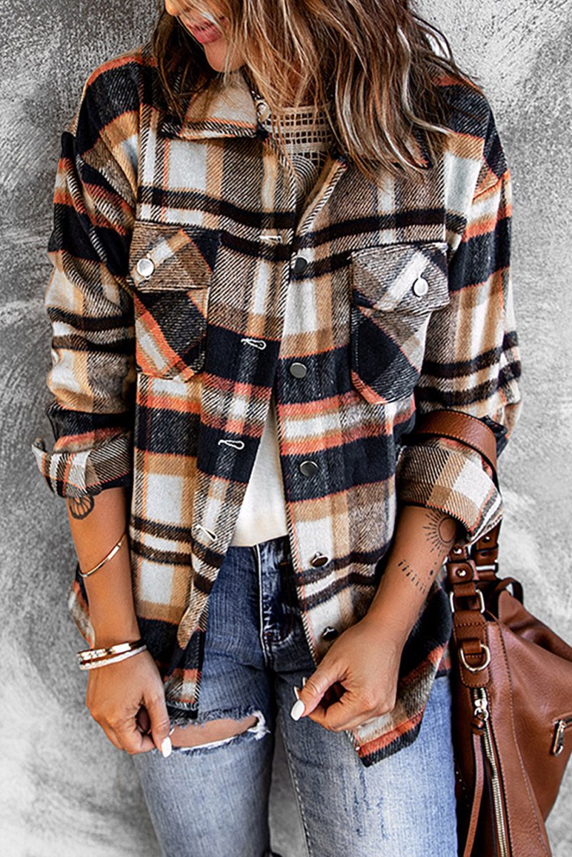 Double Take Plaid Button Front Shirt Jacket with Breast Pockets - Outerwear