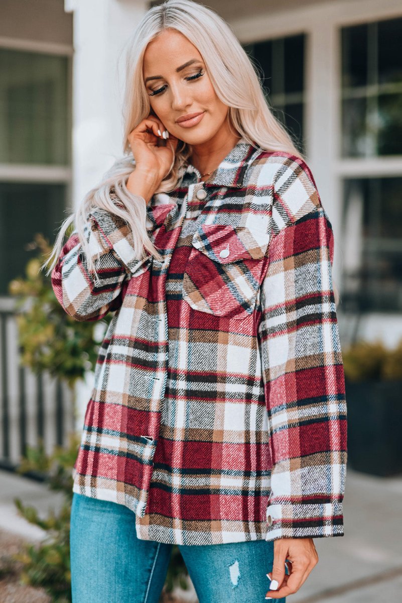 Double Take Plaid Button Front Shirt Jacket with Breast Pockets - Outerwear