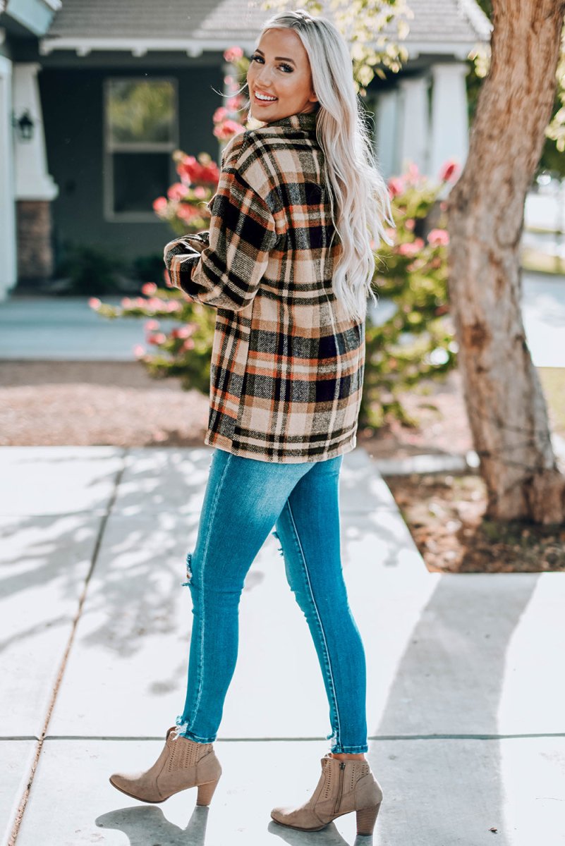 Double Take Plaid Button Front Shirt Jacket with Breast Pockets - Outerwear