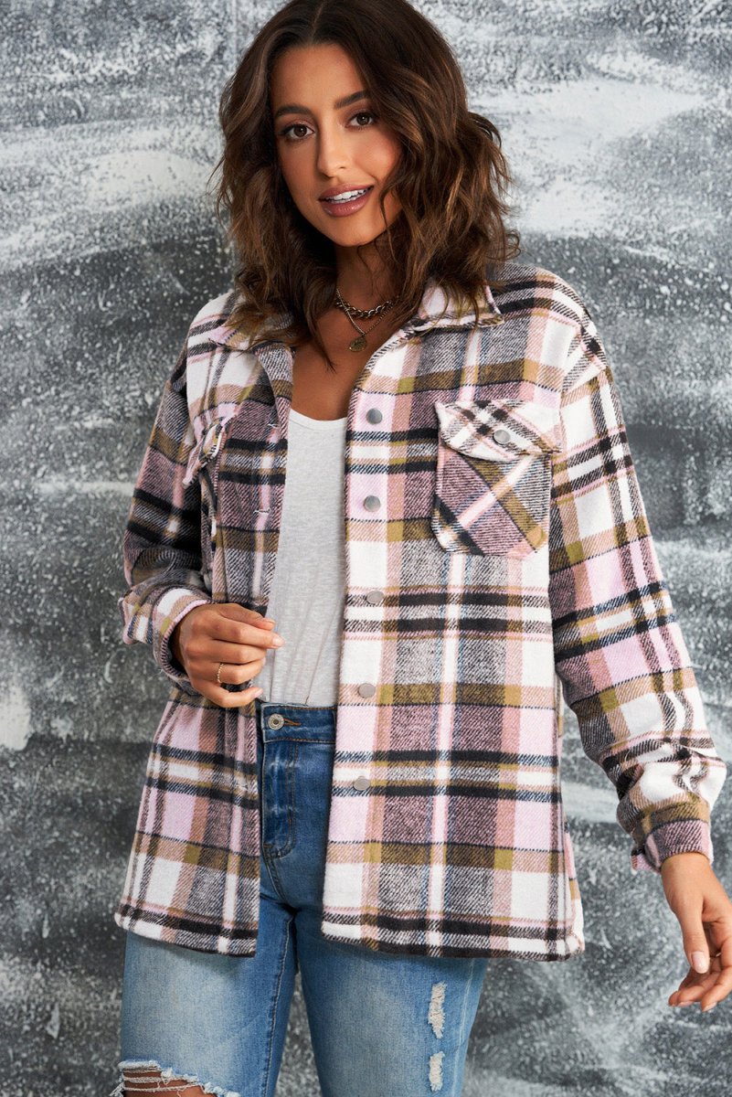 Double Take Plaid Button Front Shirt Jacket with Breast Pockets - Outerwear