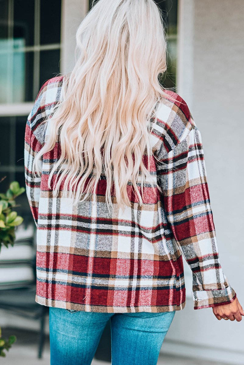 Double Take Plaid Button Front Shirt Jacket with Breast Pockets - Outerwear