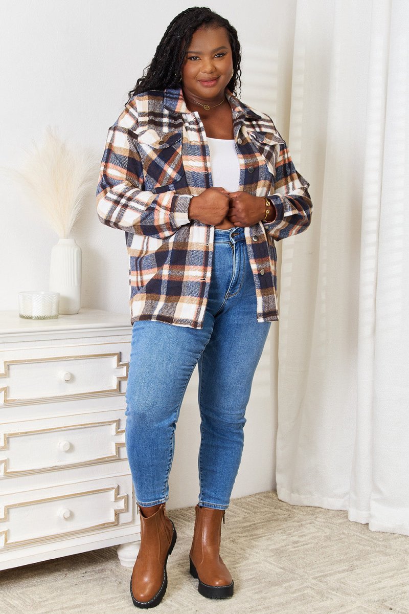 Double Take Plaid Button Front Shirt Jacket with Breast Pockets - Outerwear
