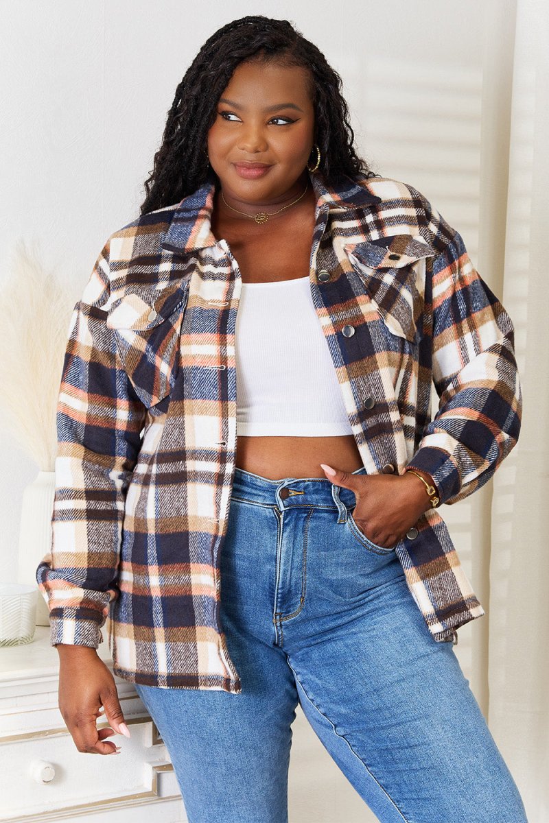 Double Take Plaid Button Front Shirt Jacket with Breast Pockets - Outerwear