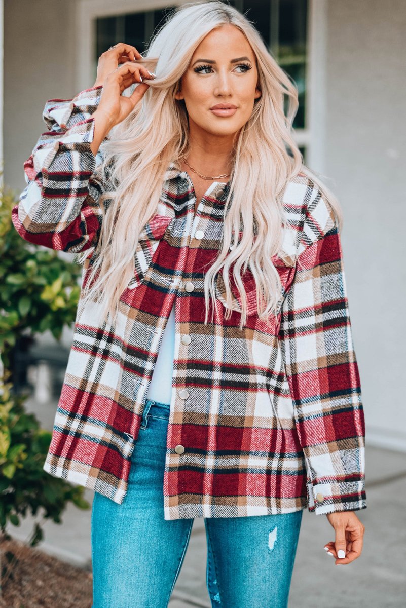 Double Take Plaid Button Front Shirt Jacket with Breast Pockets - Outerwear