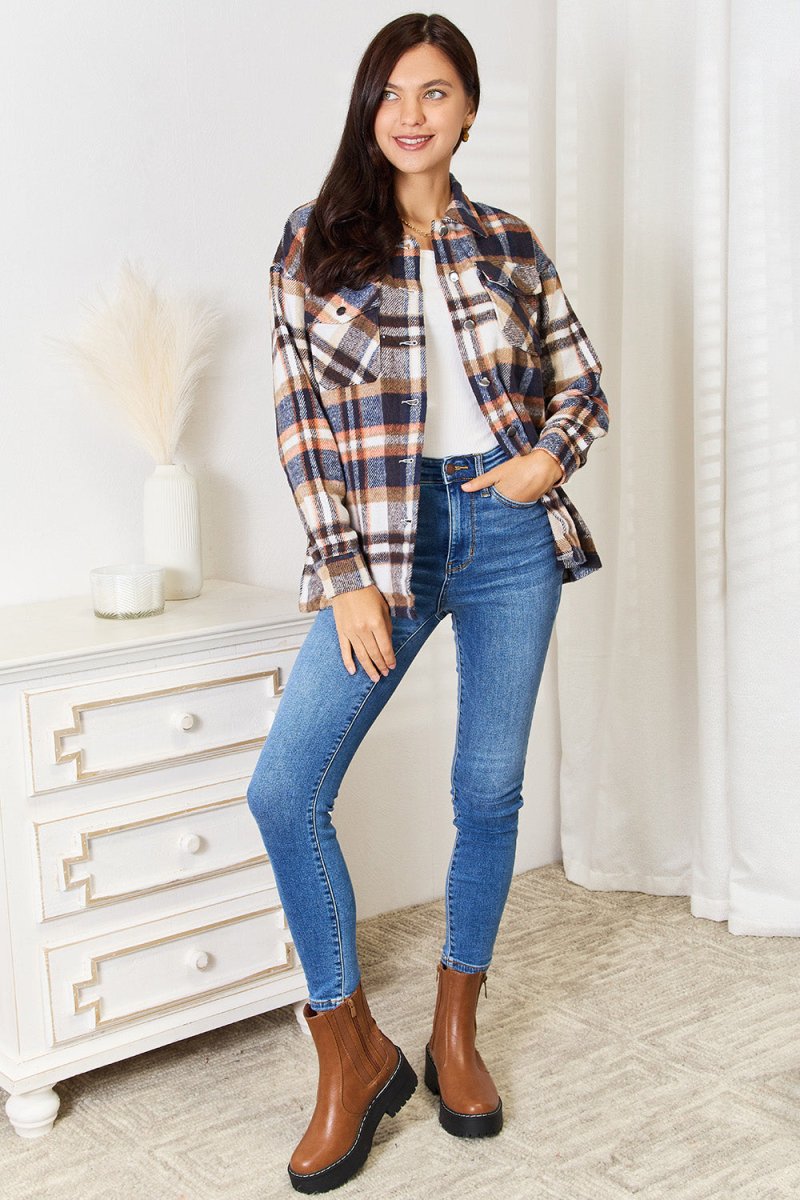 Double Take Plaid Button Front Shirt Jacket with Breast Pockets - Outerwear