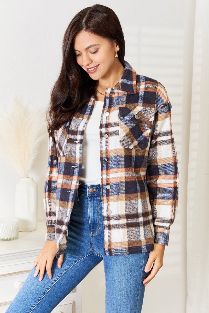 Double Take Plaid Button Front Shirt Jacket with Breast Pockets - Outerwear