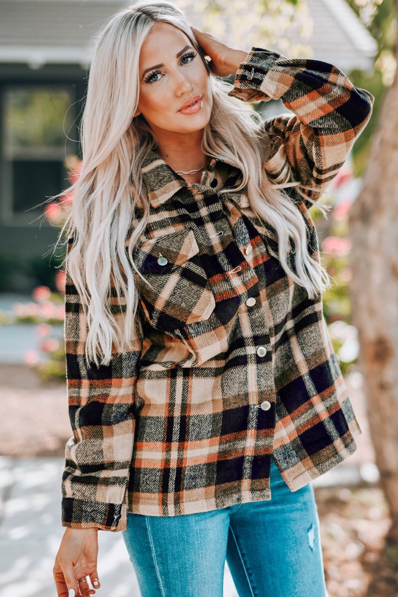 Double Take Plaid Button Front Shirt Jacket with Breast Pockets - Outerwear
