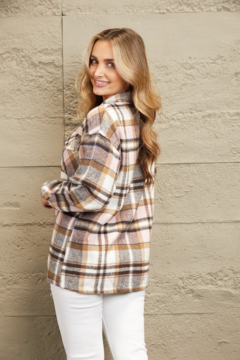 Double Take Plaid Button Front Shirt Jacket with Breast Pockets - Outerwear