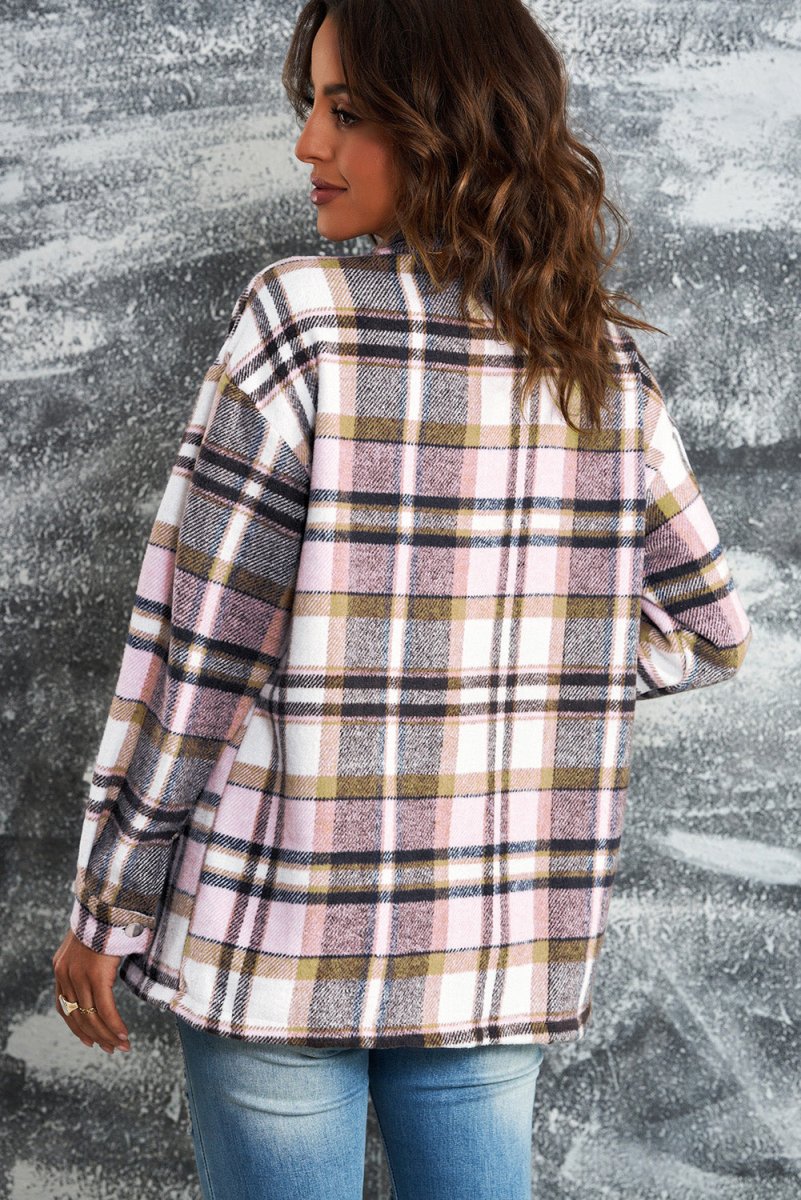 Double Take Plaid Button Front Shirt Jacket with Breast Pockets - Outerwear