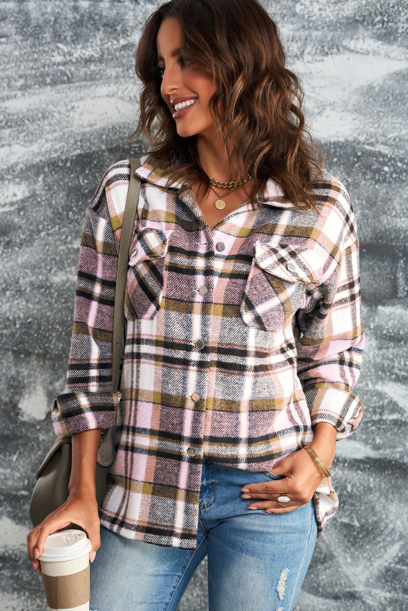 Double Take Plaid Button Front Shirt Jacket with Breast Pockets - Outerwear