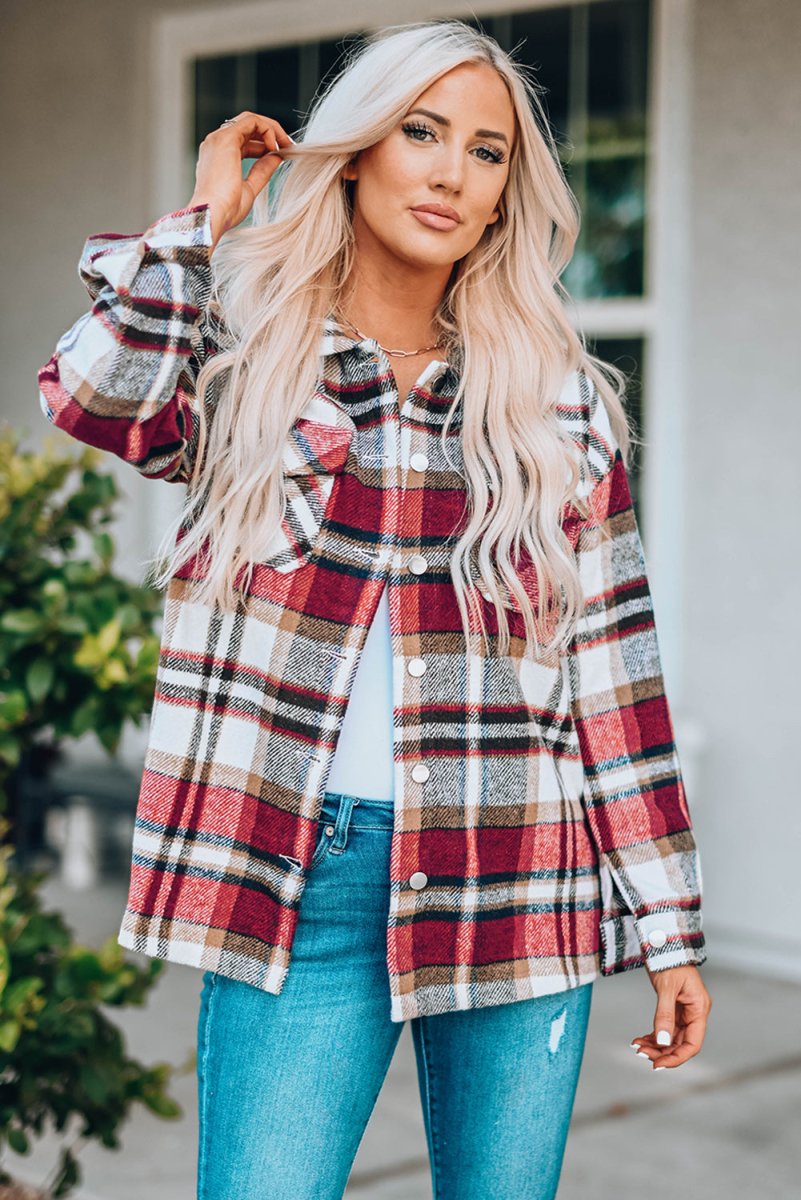 Double Take Plaid Button Front Shirt Jacket with Breast Pockets - Outerwear