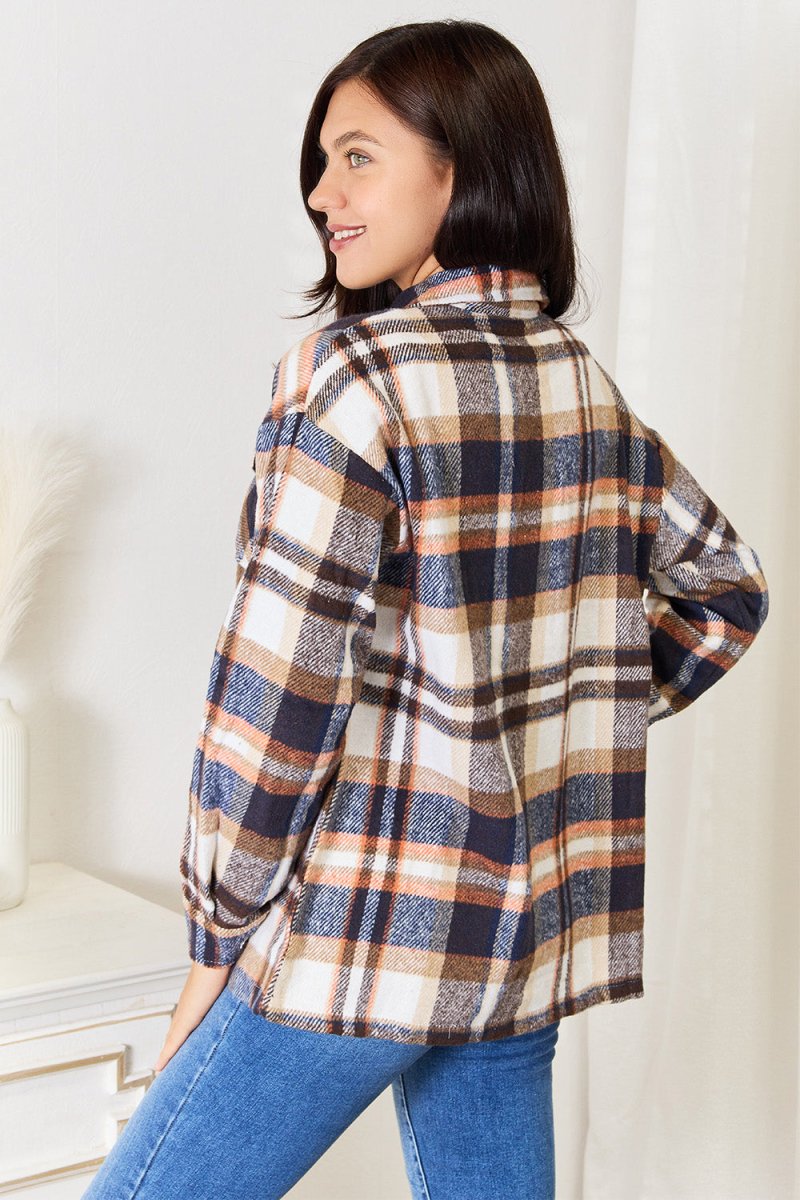 Double Take Plaid Button Front Shirt Jacket with Breast Pockets - Outerwear