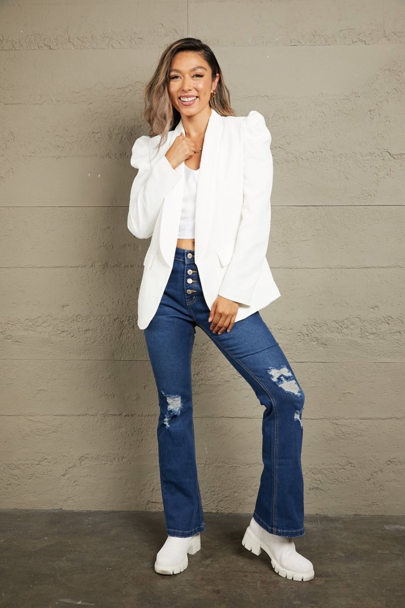 Double Take Puff Sleeve Shawl Collar Blazer - Blazer Suit