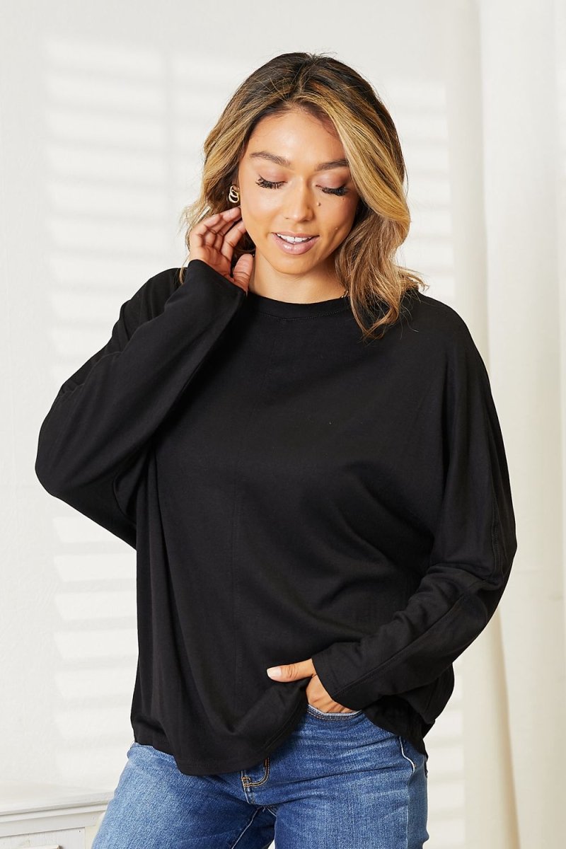 Double Take Seam Detail Round Neck Long Sleeve Top - Top