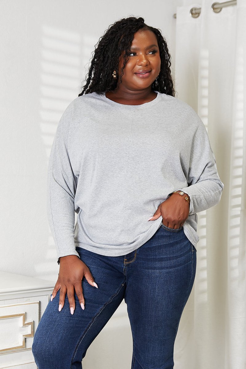 Double Take Seam Detail Round Neck Long Sleeve Top - Top