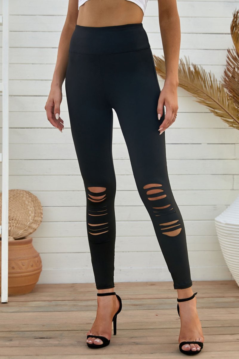 Double Take Wide Waistband Distressed Slim Fit Leggings - Bottoms