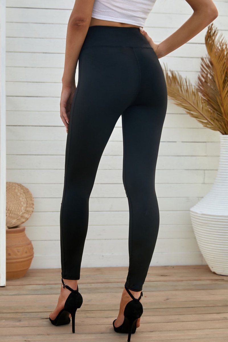 Double Take Wide Waistband Distressed Slim Fit Leggings - Bottoms