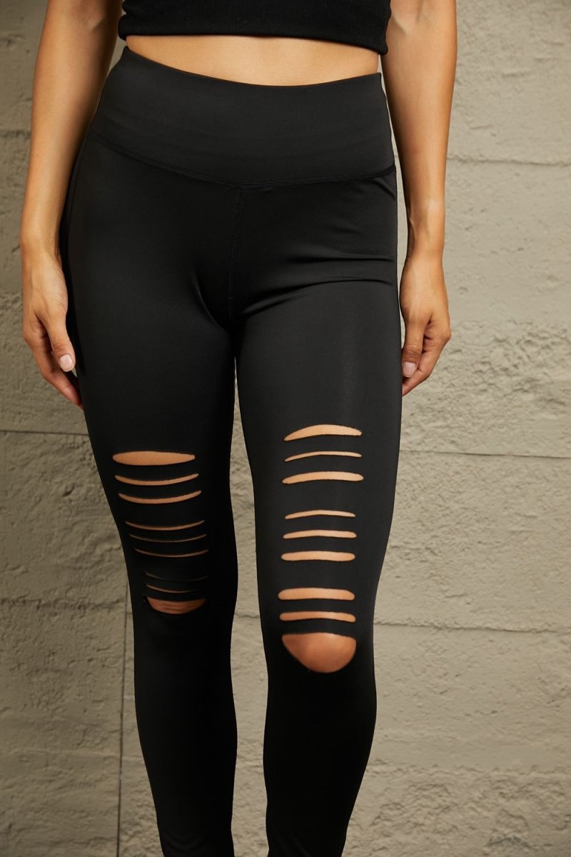 Double Take Wide Waistband Distressed Slim Fit Leggings - Bottoms