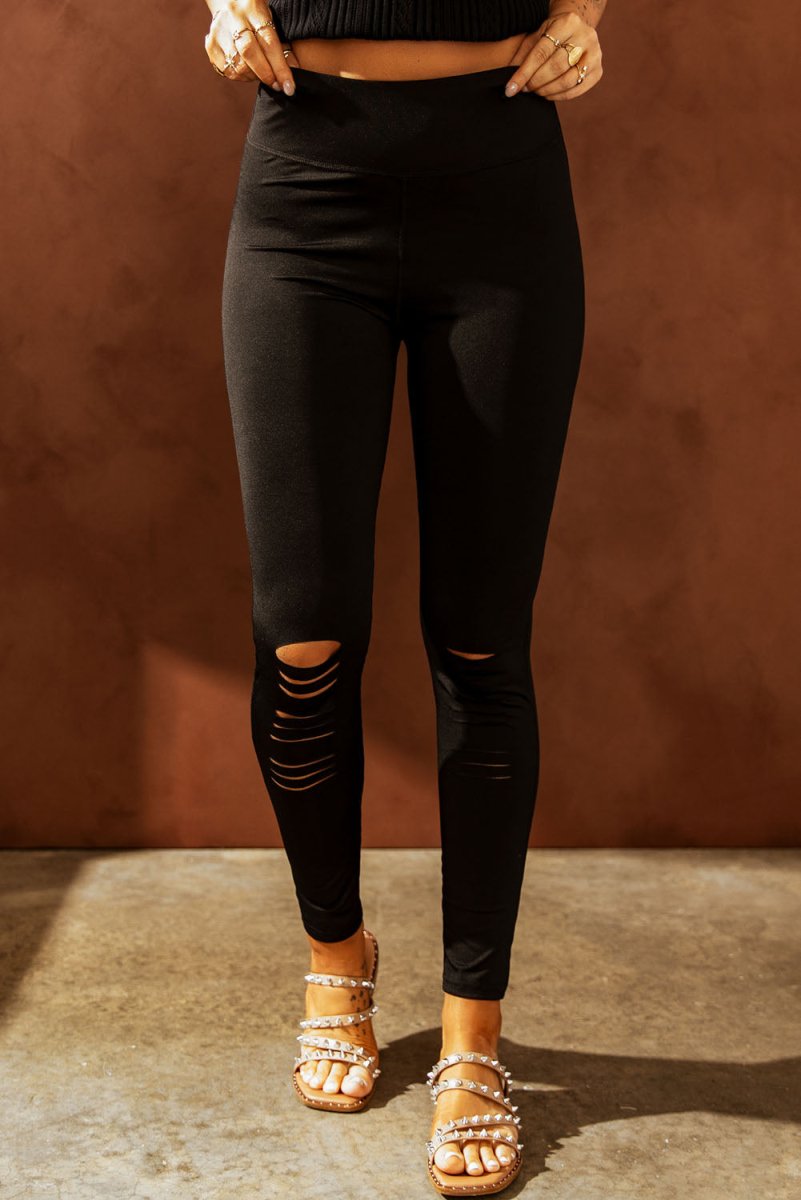 Double Take Wide Waistband Distressed Slim Fit Leggings - Bottoms