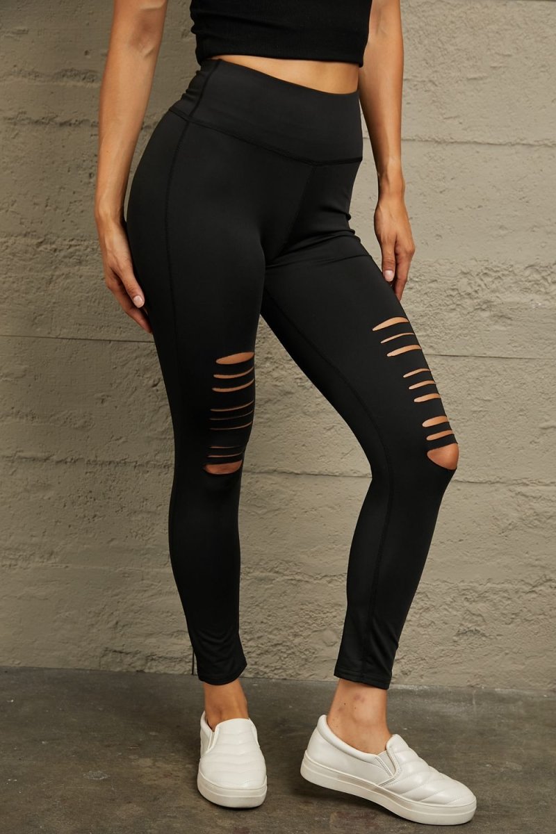 Double Take Wide Waistband Distressed Slim Fit Leggings - Bottoms