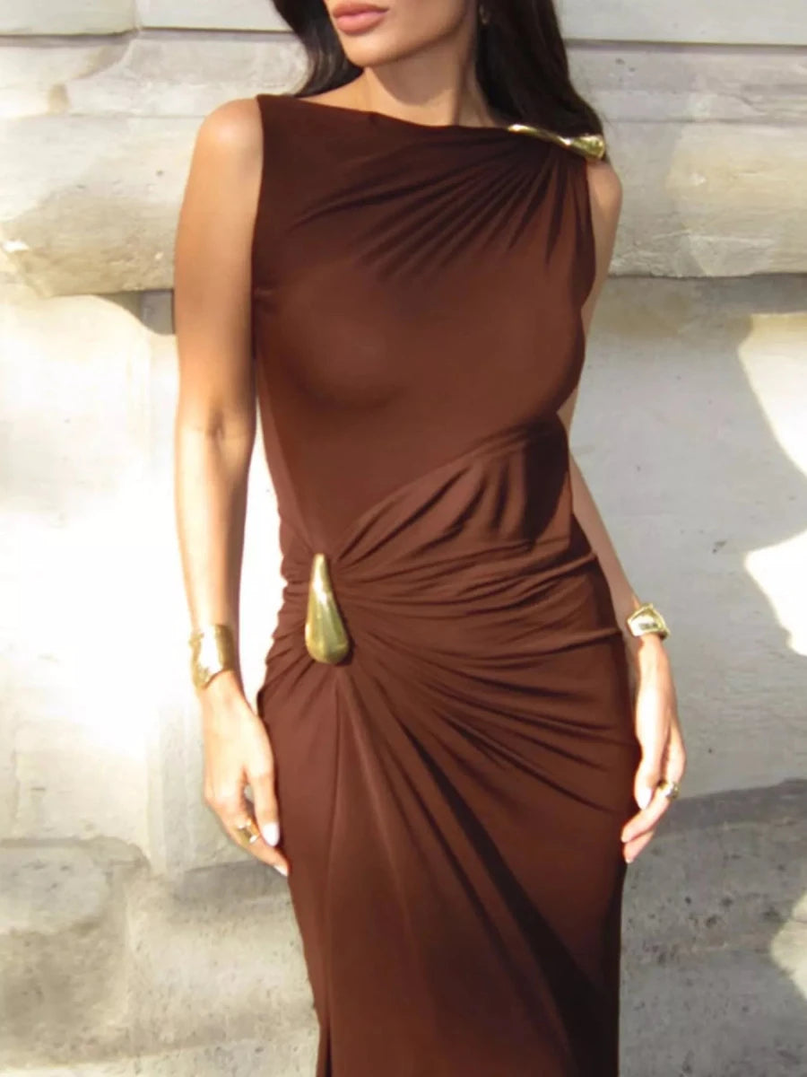 Draped Sleeveless Bodycon Maxi Dress - 