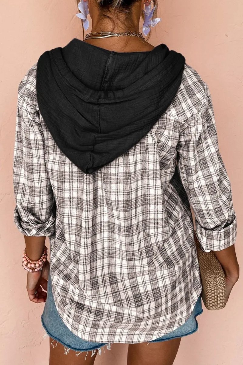 Drawstring Button Up Hooded Jacket - Outerwear