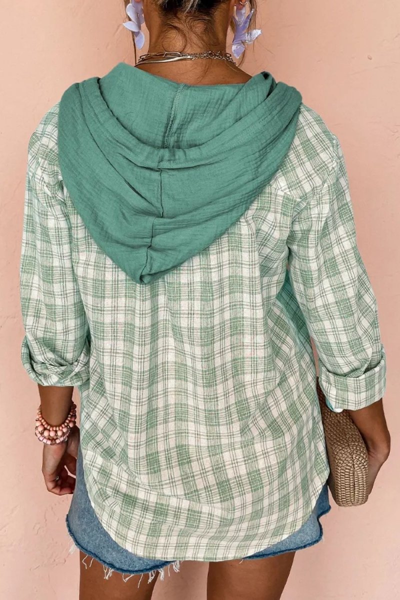 Drawstring Button Up Hooded Jacket - Outerwear