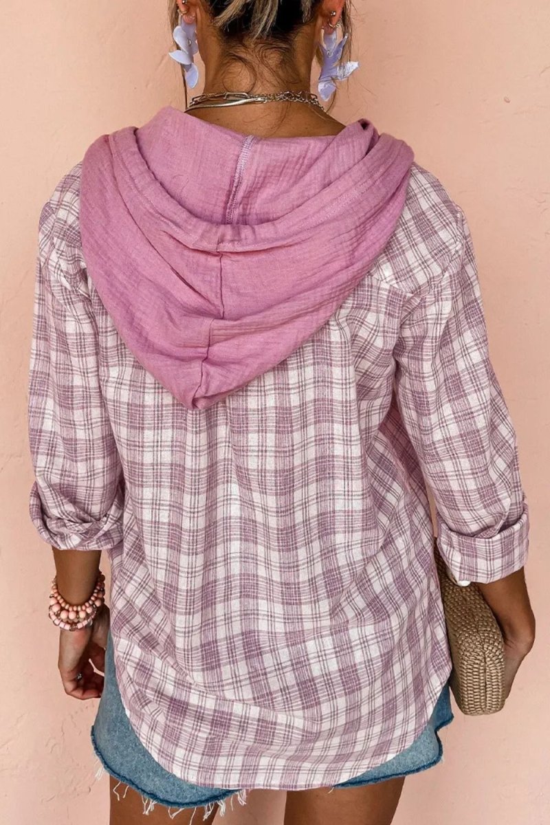 Drawstring Button Up Hooded Jacket - Outerwear