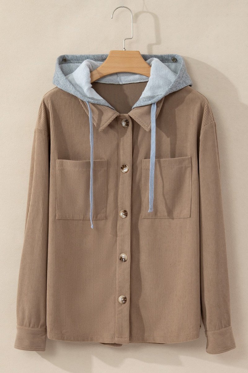Drawstring Button Up Long Sleeve Hooded Jacket - Outerwear
