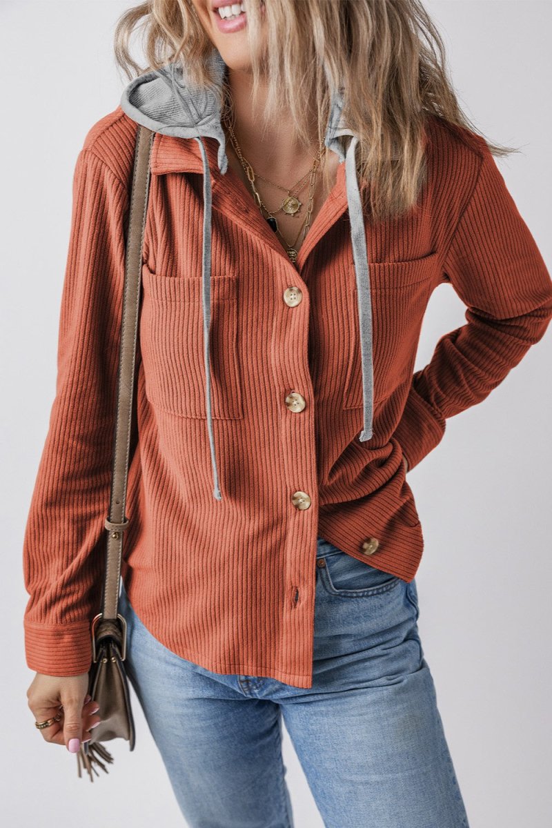 Drawstring Button Up Long Sleeve Hooded Jacket - Outerwear