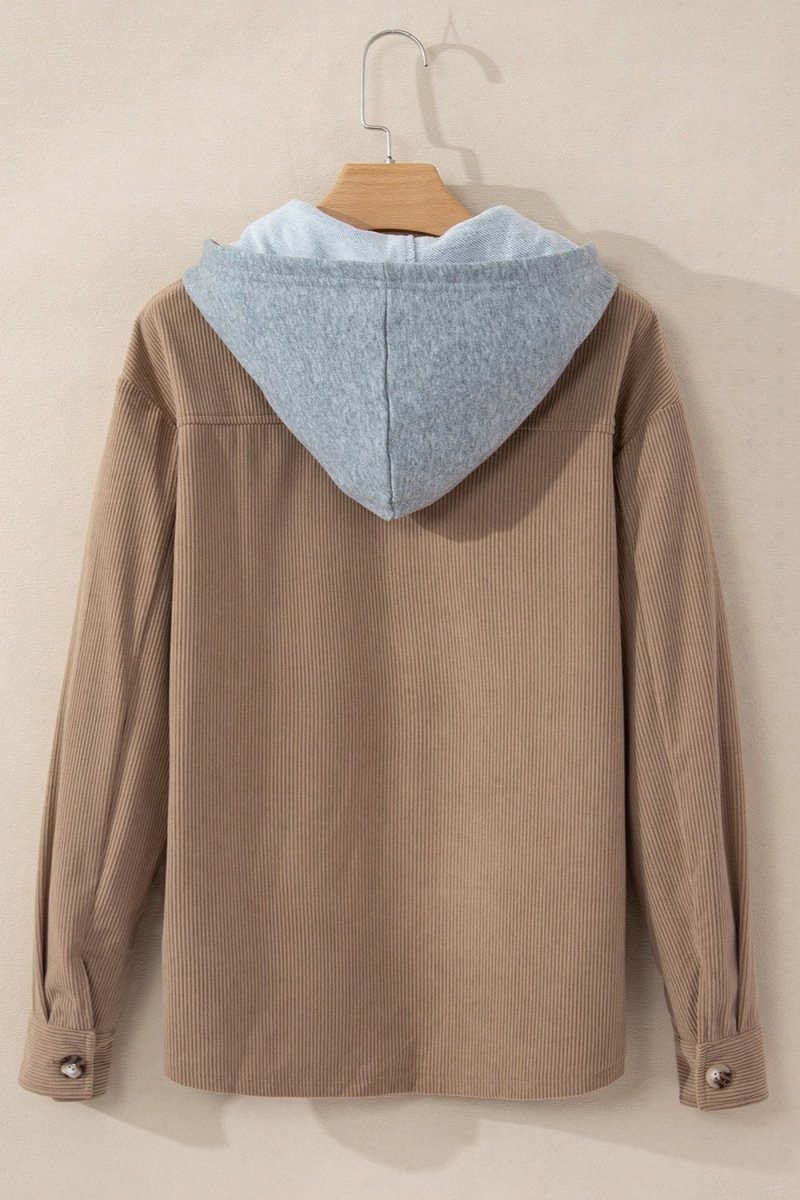 Drawstring Button Up Long Sleeve Hooded Jacket - Outerwear