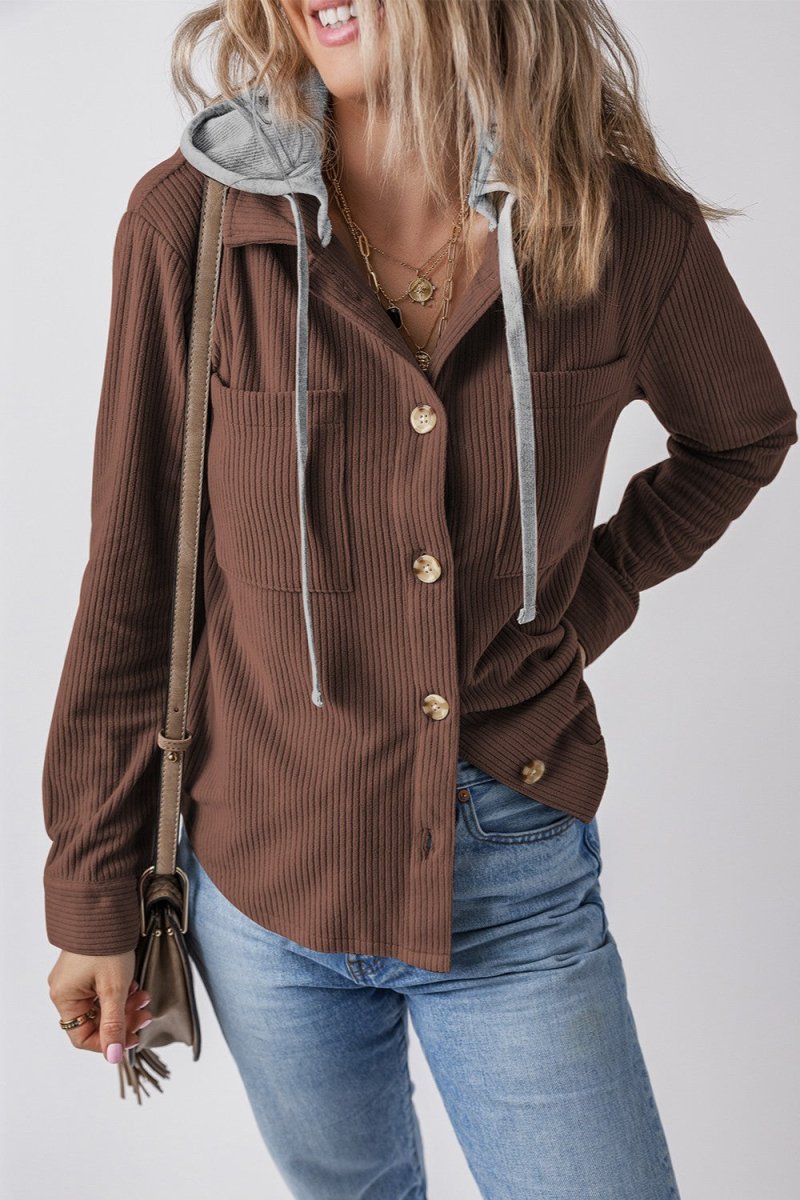 Drawstring Button Up Long Sleeve Hooded Jacket - Outerwear