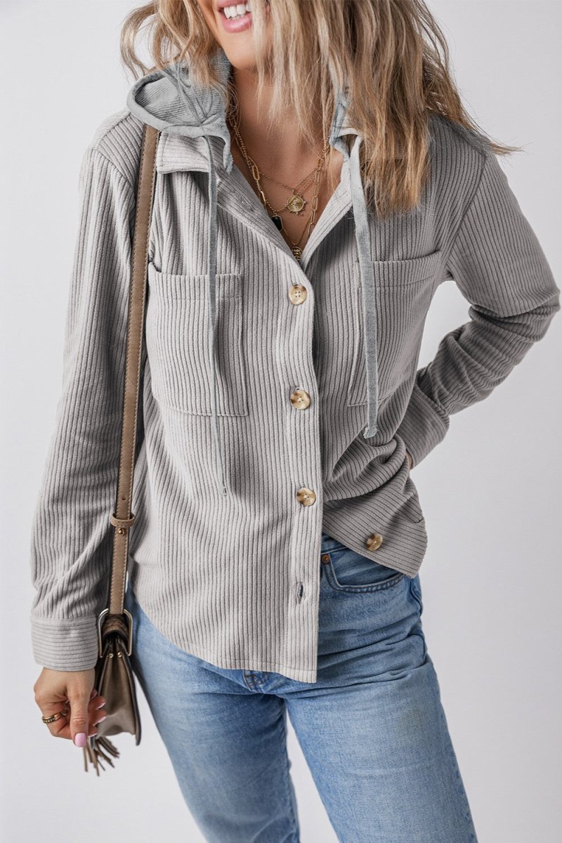 Drawstring Button Up Long Sleeve Hooded Jacket - Outerwear