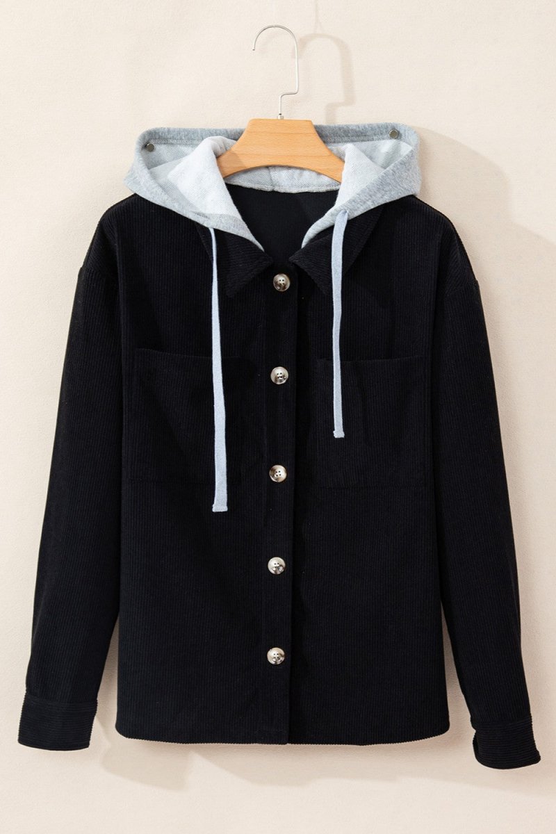 Drawstring Button Up Long Sleeve Hooded Jacket - Outerwear