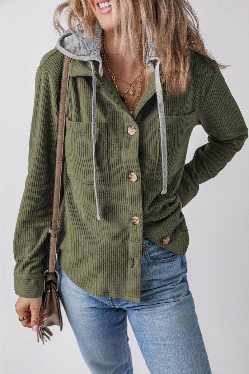 Drawstring Button Up Long Sleeve Hooded Jacket - Outerwear
