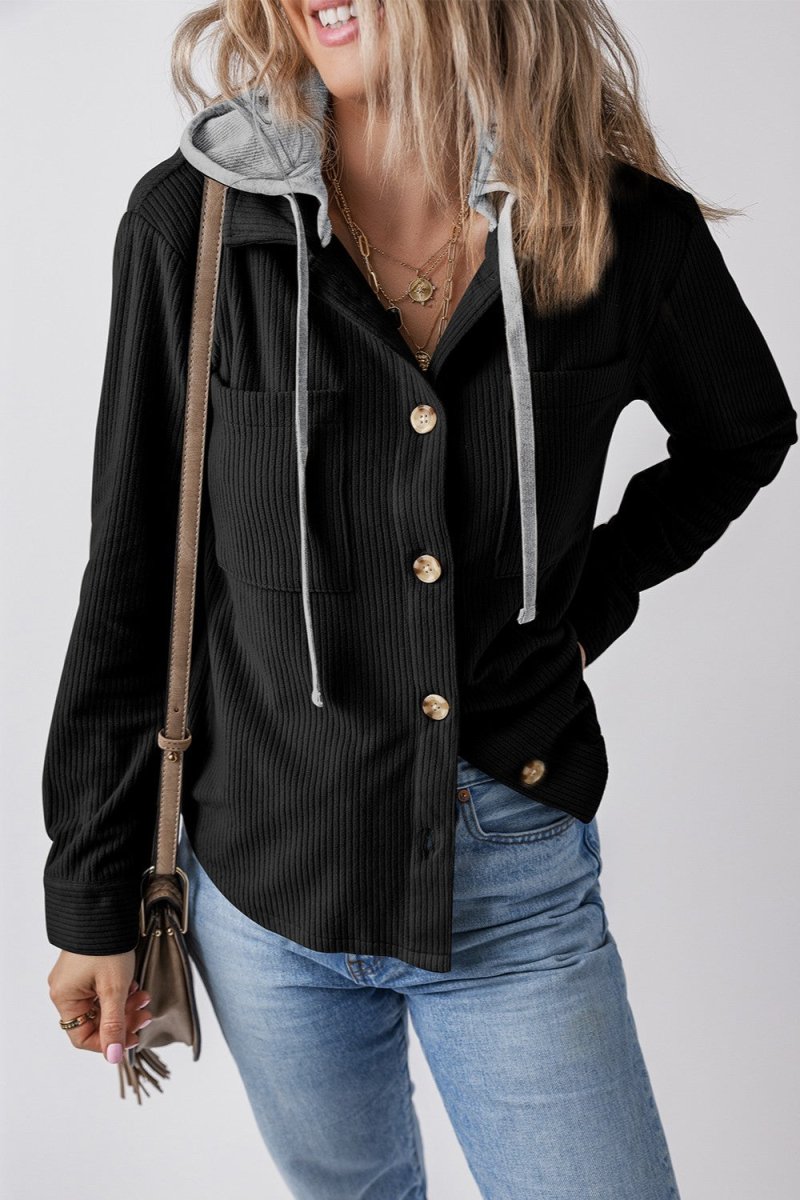 Drawstring Button Up Long Sleeve Hooded Jacket - Outerwear