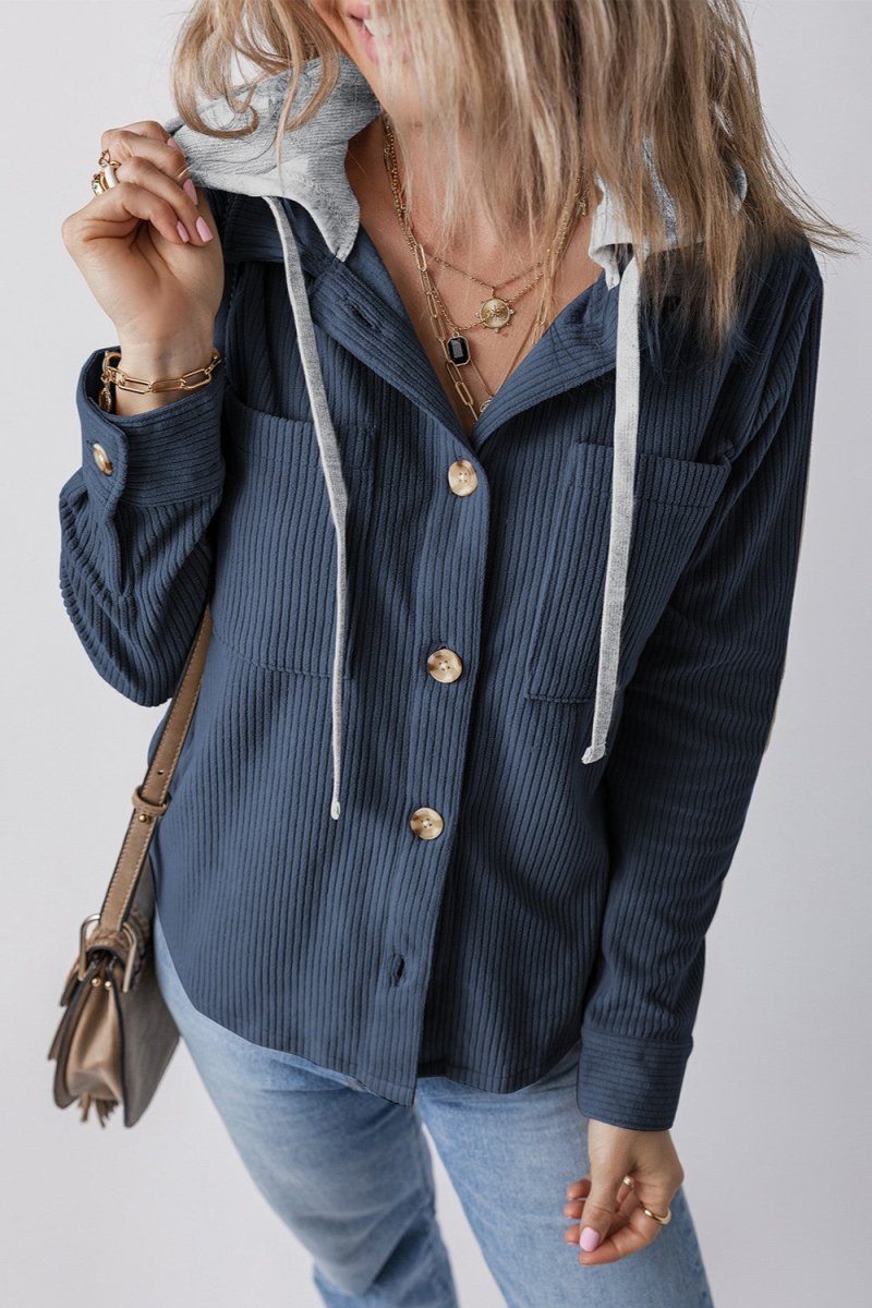 Drawstring Button Up Long Sleeve Hooded Jacket - Outerwear