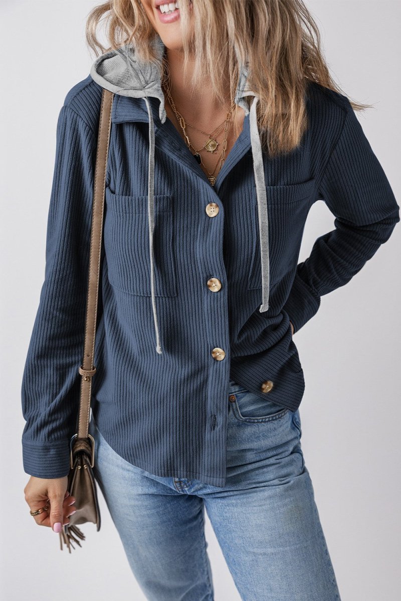 Drawstring Button Up Long Sleeve Hooded Jacket - Outerwear