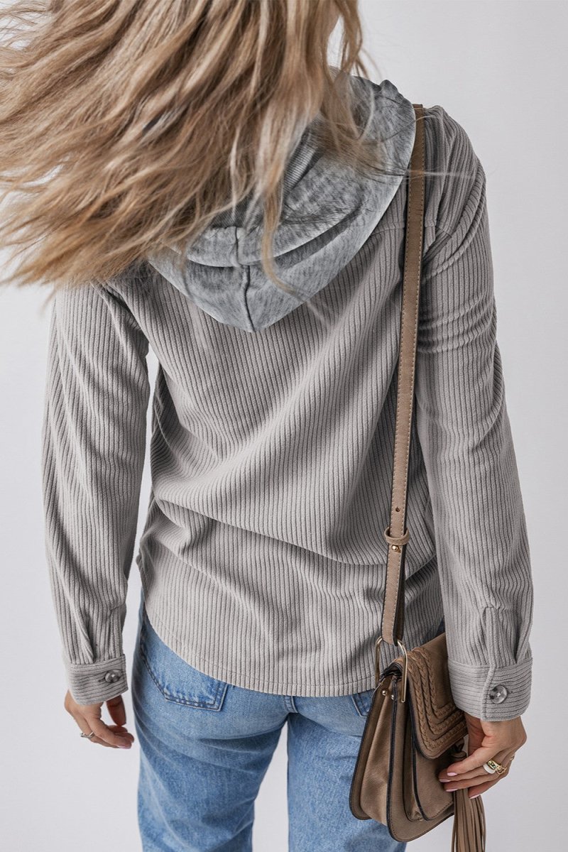 Drawstring Button Up Long Sleeve Hooded Jacket - Outerwear