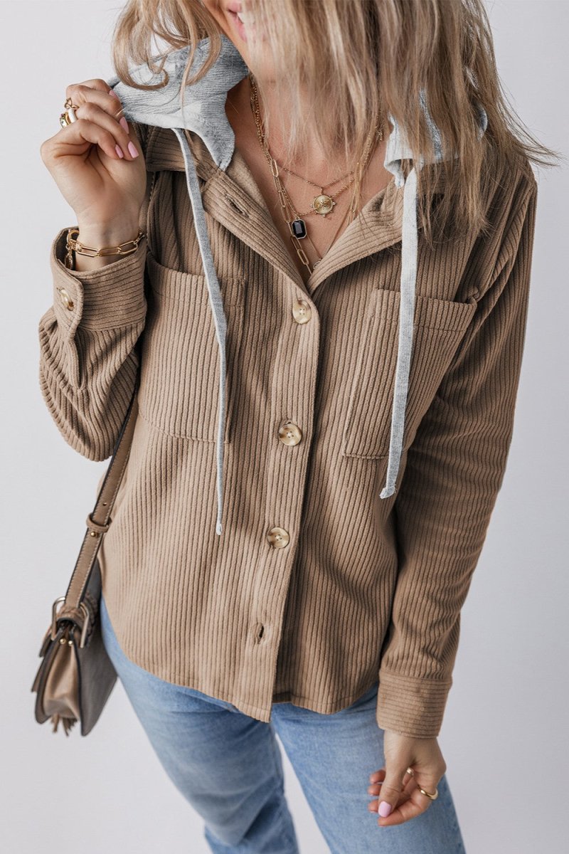 Drawstring Button Up Long Sleeve Hooded Jacket - Outerwear