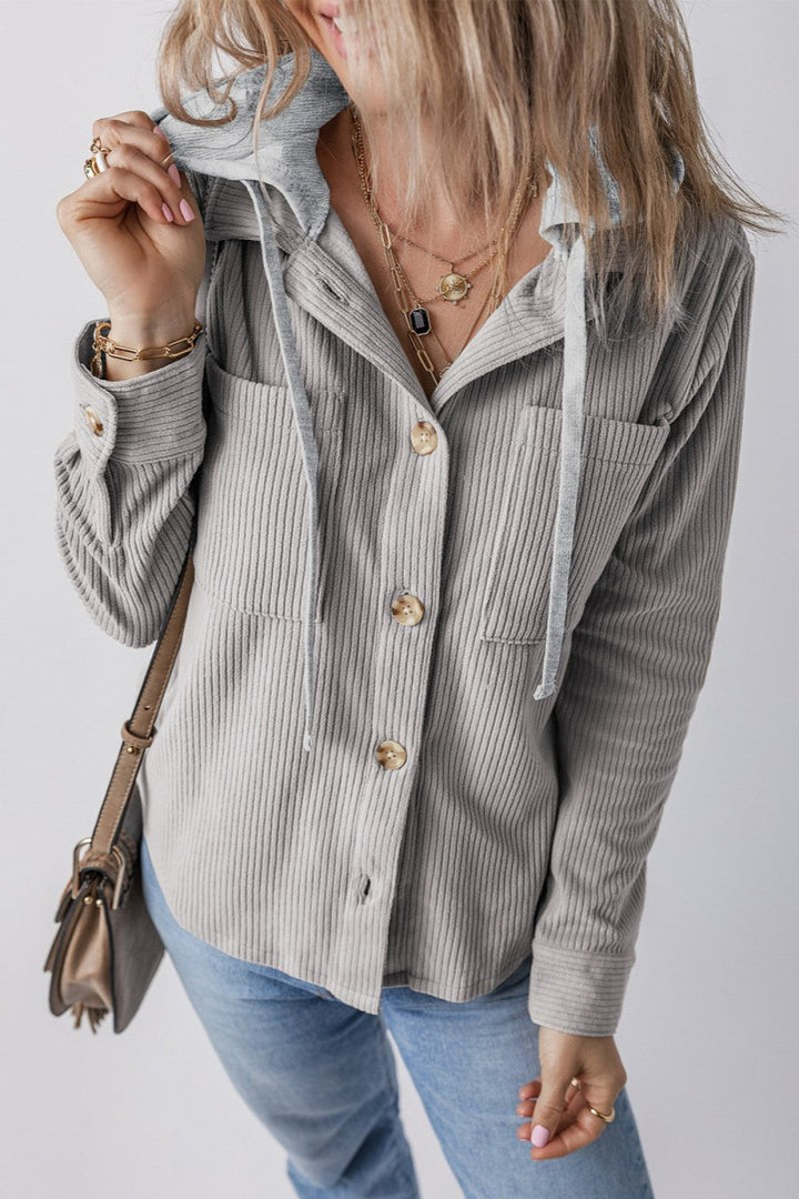 Drawstring Button Up Long Sleeve Hooded Jacket - Outerwear