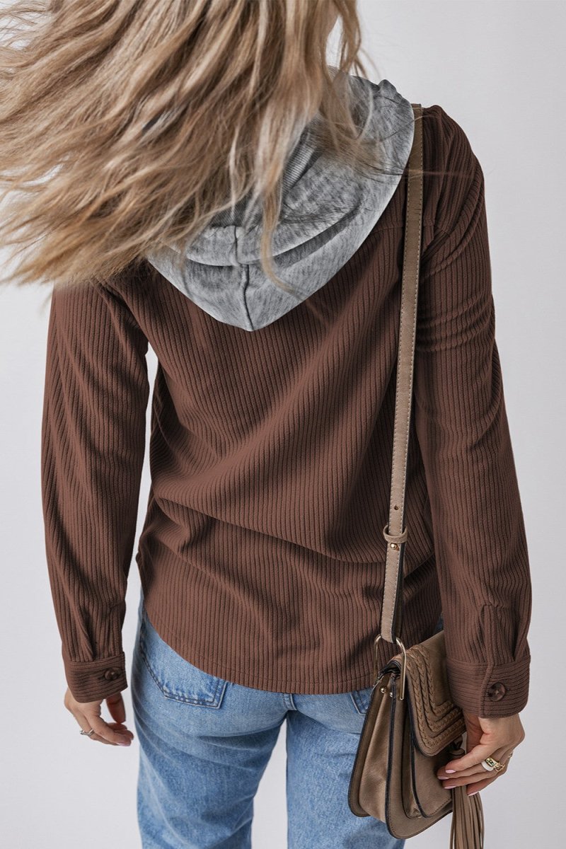 Drawstring Button Up Long Sleeve Hooded Jacket - Outerwear