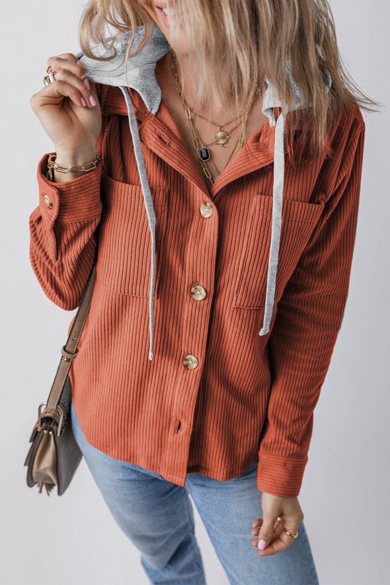 Drawstring Button Up Long Sleeve Hooded Jacket - Outerwear