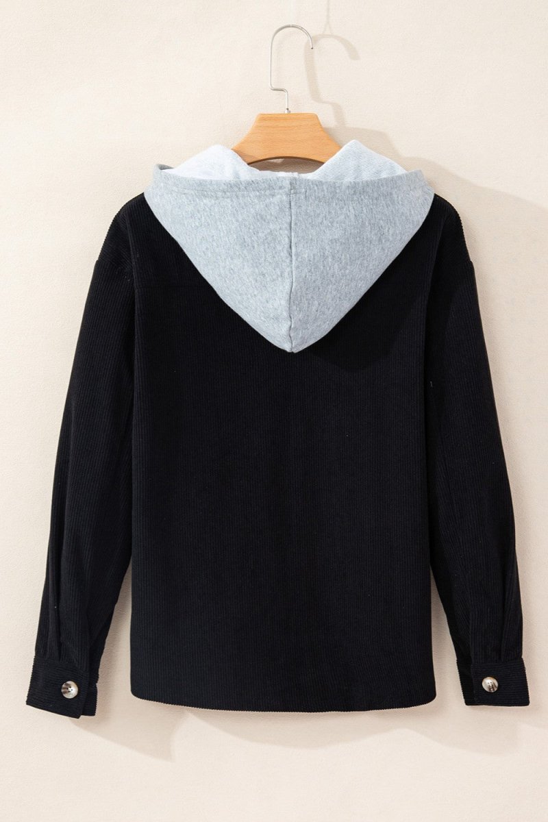 Drawstring Button Up Long Sleeve Hooded Jacket - Outerwear