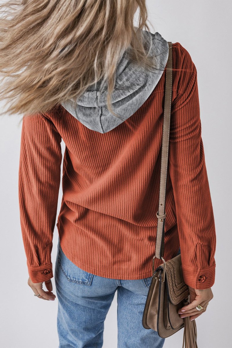 Drawstring Button Up Long Sleeve Hooded Jacket - Outerwear