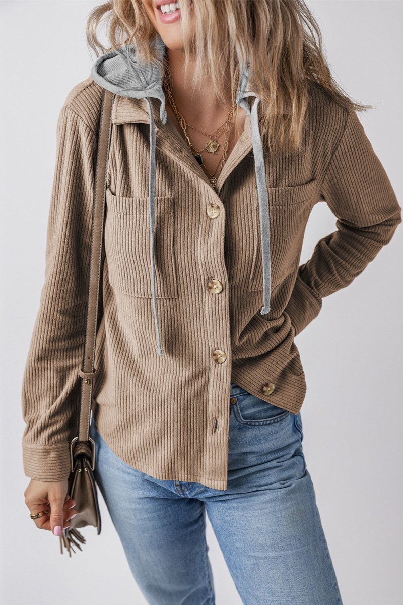 Drawstring Button Up Long Sleeve Hooded Jacket - Outerwear