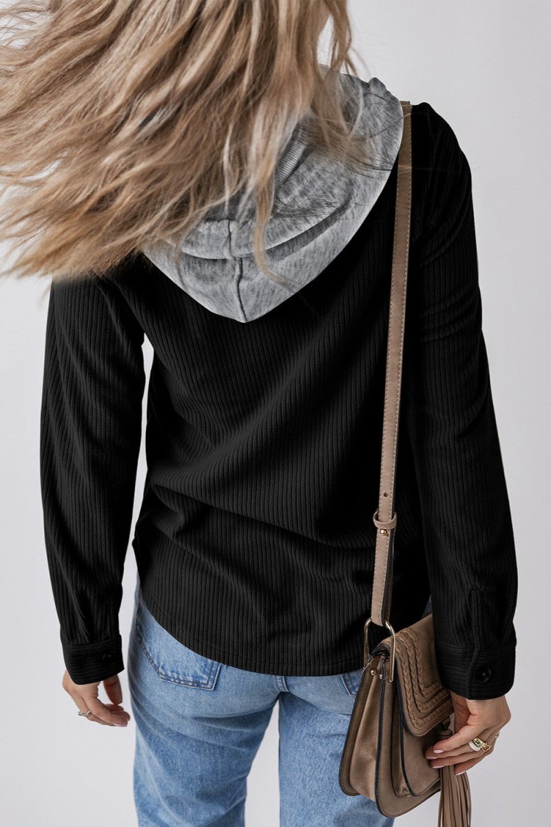 Drawstring Button Up Long Sleeve Hooded Jacket - Outerwear