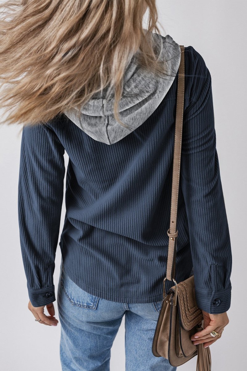 Drawstring Button Up Long Sleeve Hooded Jacket - Outerwear